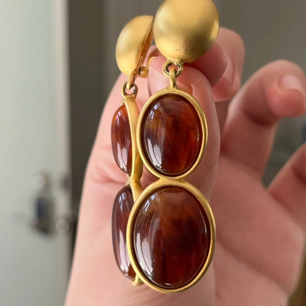 Vintage Givenchy Amber Resin Cabochon Drop Dangle Matte Gold Long Clip Earrings - Picture 4 of 12